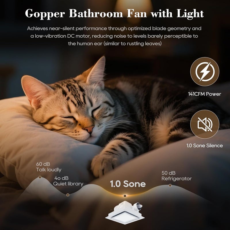 Gopher 12" Ultra Quiet Bathroom Exhaust Fan with 3000-6500 K LED Light, 1.0 Sone 141 CFM, 10x10 Mount, 1500 LM Ceiling Ventilation Fan, Energy Efficient - Image 3